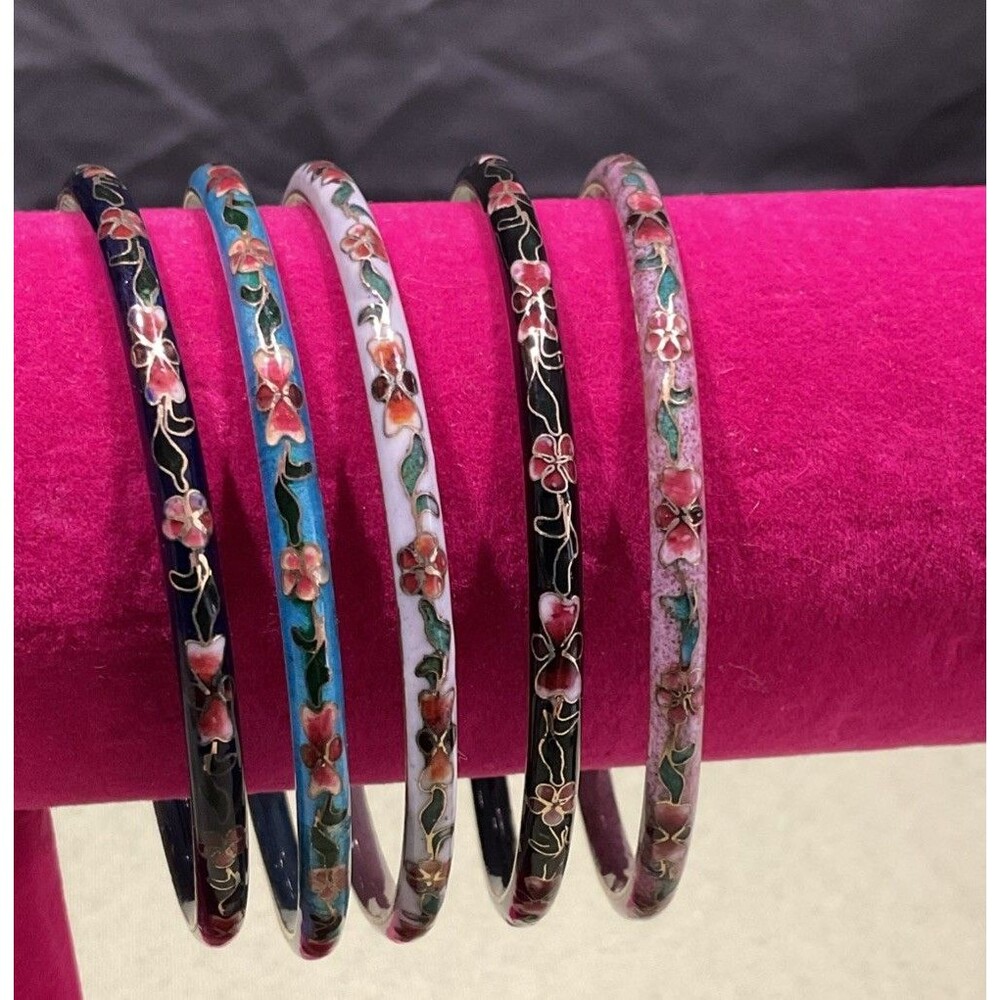 Vintage Cloisonne Bangle Bracelets Set of 5 Floral Enamel Size 7.5